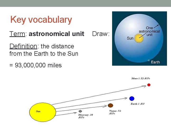 Key vocabulary Term: astronomical unit Definition: the distance from the Earth to the Sun
