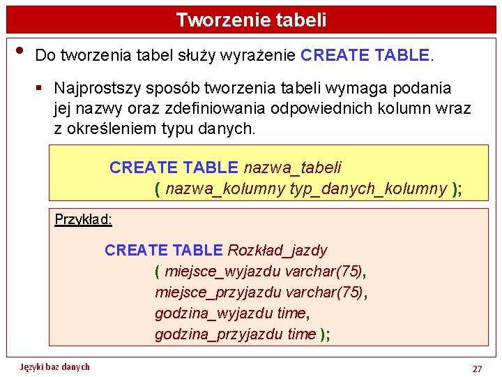 Tworzenie tabeli • Do tworzenia tabel służy wyrażenie CREATE TABLE. § Najprostszy sposób tworzenia
