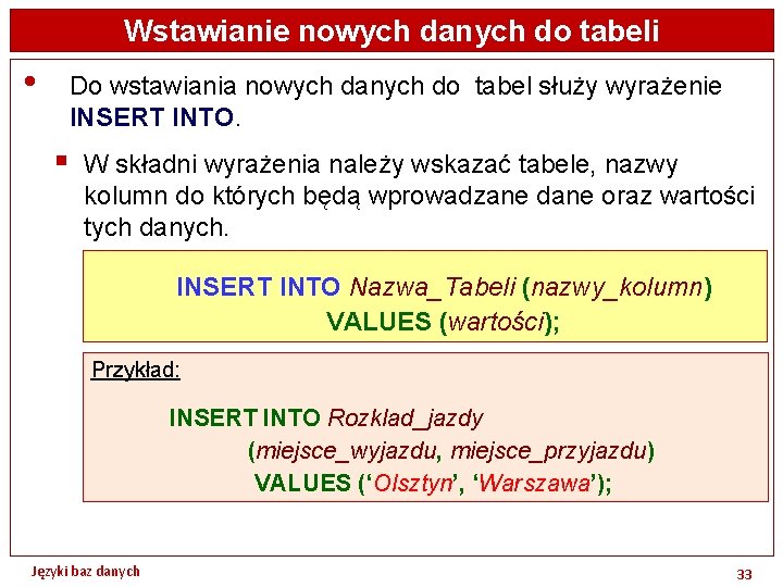 Wstawianie nowych danych do tabeli • Do wstawiania nowych danych do tabel służy wyrażenie