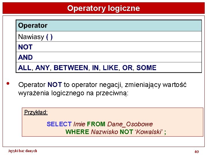 Operatory logiczne • Operator NOT to operator negacji, zmieniający wartość wyrażenia logicznego na przeciwną: