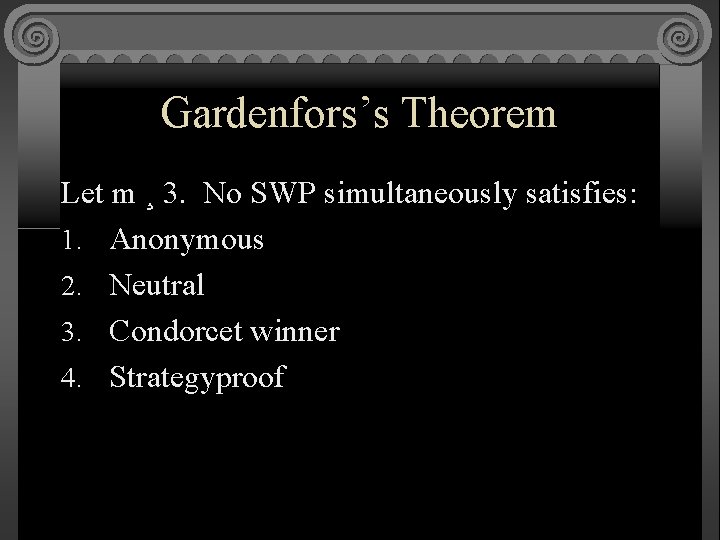 Gardenfors’s Theorem Let m ¸ 3. No SWP simultaneously satisfies: 1. Anonymous 2. Neutral