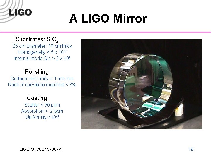 A LIGO Mirror Substrates: Si. O 2 25 cm Diameter, 10 cm thick Homogeneity