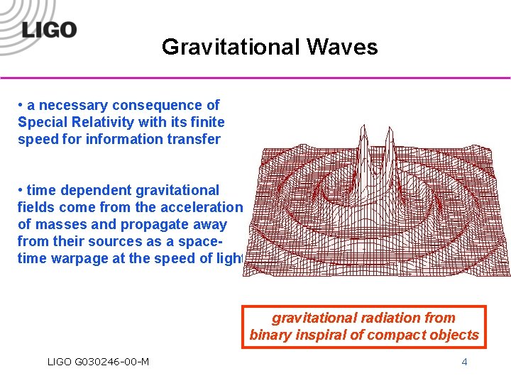 Gravitational Waves • a necessary consequence of Special Relativity with its finite speed for