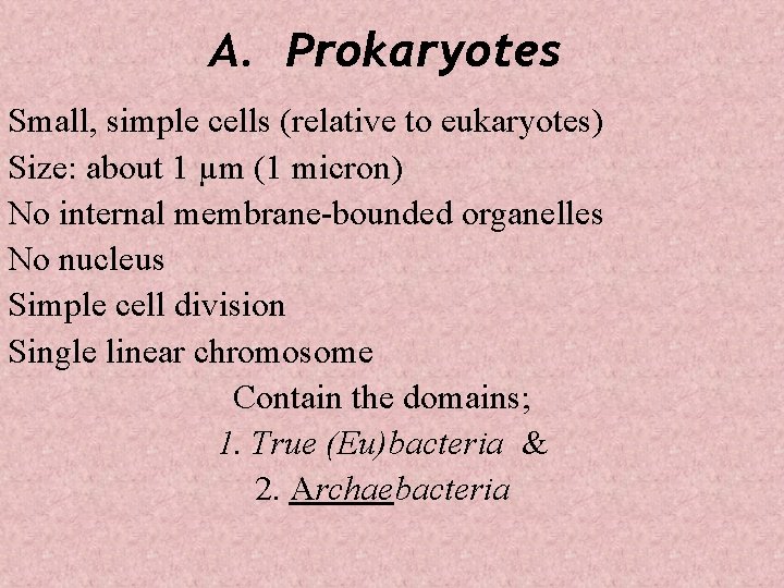 A. Prokaryotes Small, simple cells (relative to eukaryotes) Size: about 1 µm (1 micron)