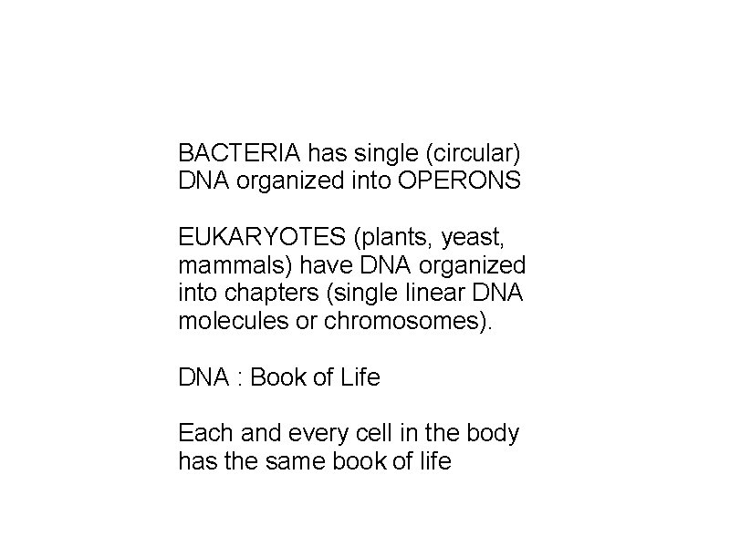 BACTERIA has single (circular) DNA organized into OPERONS EUKARYOTES (plants, yeast, mammals) have DNA