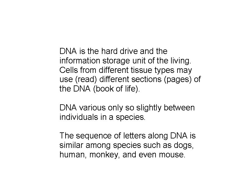 DNA is the hard drive and the information storage unit of the living. Cells