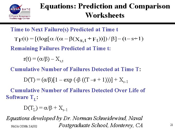 Equations: Prediction and Comparison Worksheets Time to Next Failure(s) Predicted at Time t Remaining