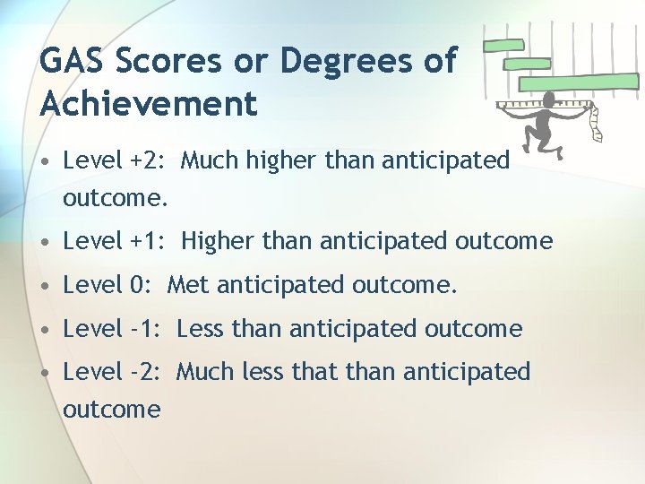GAS Scores or Degrees of Achievement • Level +2: Much higher than anticipated outcome.