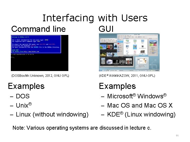 Interfacing with Users Command line GUI (DOSBox/Mr. Unknown, 2012, GNU GPL) (KDE ® /KAMi.