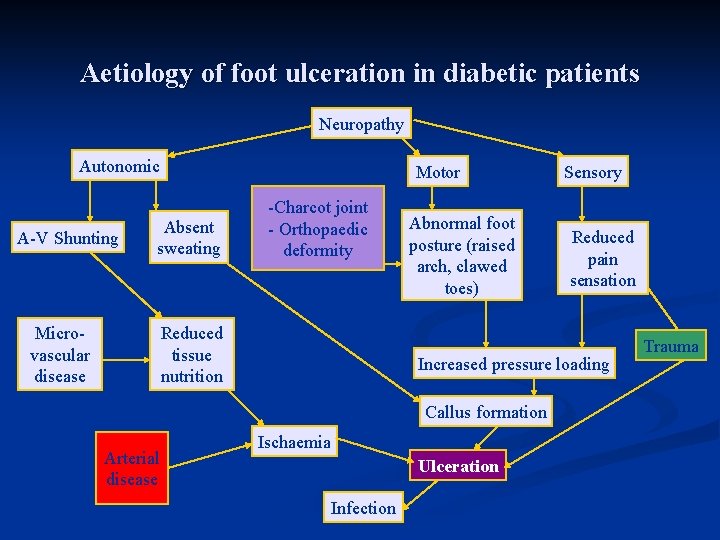 Aetiology of foot ulceration in diabetic patients Neuropathy Autonomic A-V Shunting Motor Absent sweating