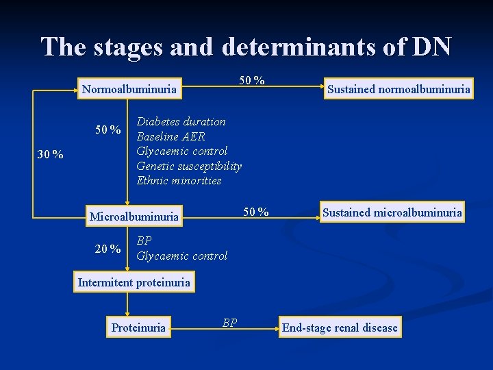 The stages and determinants of DN 50 % Normoalbuminuria 50 % 30 % Diabetes