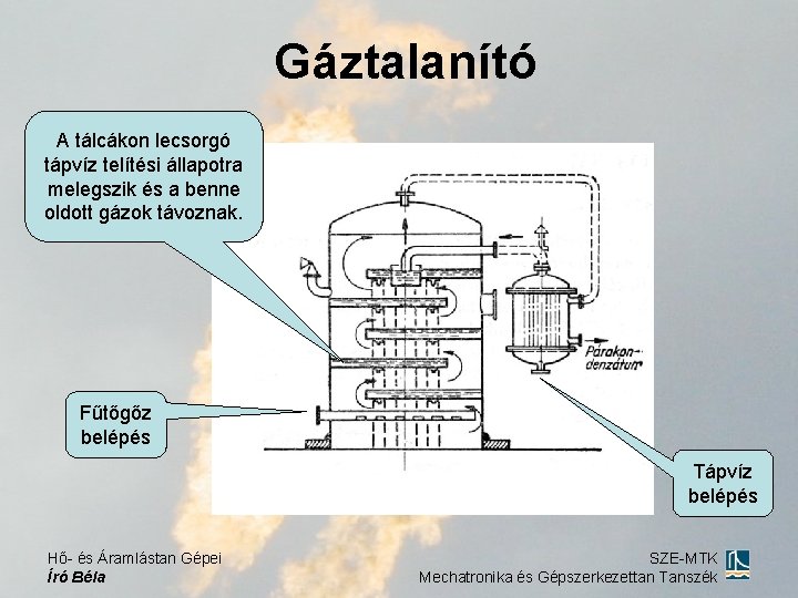 Gáztalanító A tálcákon lecsorgó tápvíz telítési állapotra melegszik és a benne oldott gázok távoznak.