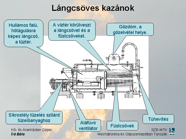 Lángcsöves kazánok Hullámos falú, hőtágulásra képes lángcső, a tűztér. A víztér körülveszi a lángcsövet