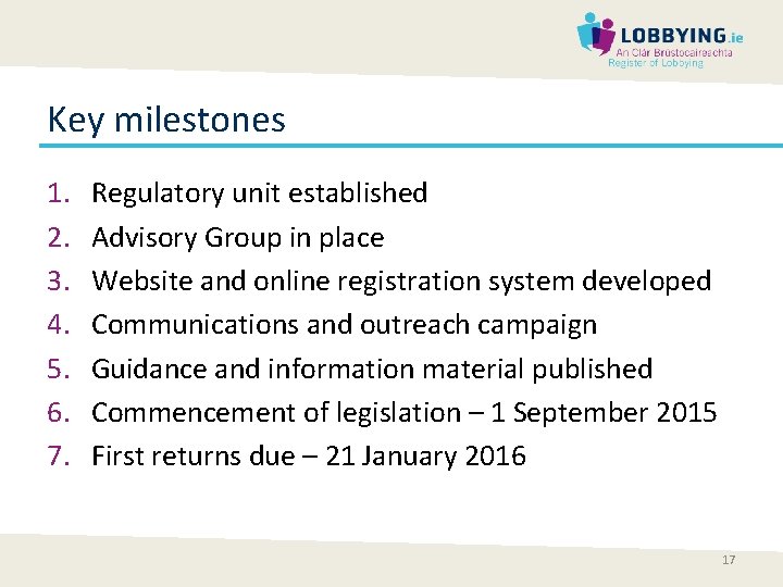 Key milestones 1. 2. 3. 4. 5. 6. 7. Regulatory unit established Advisory Group