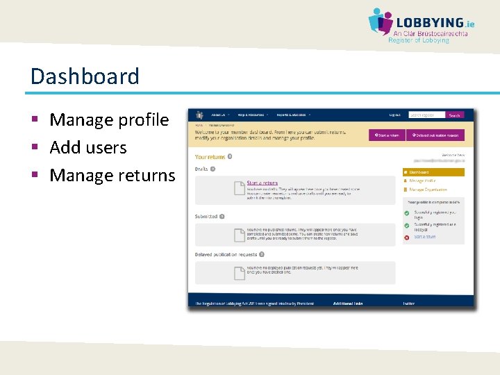 Dashboard § Manage profile § Add users § Manage returns 
