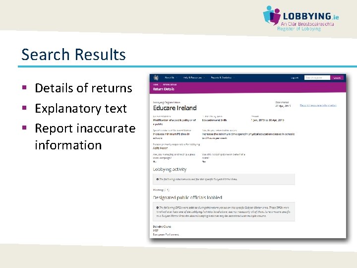 Search Results § Details of returns § Explanatory text § Report inaccurate information 