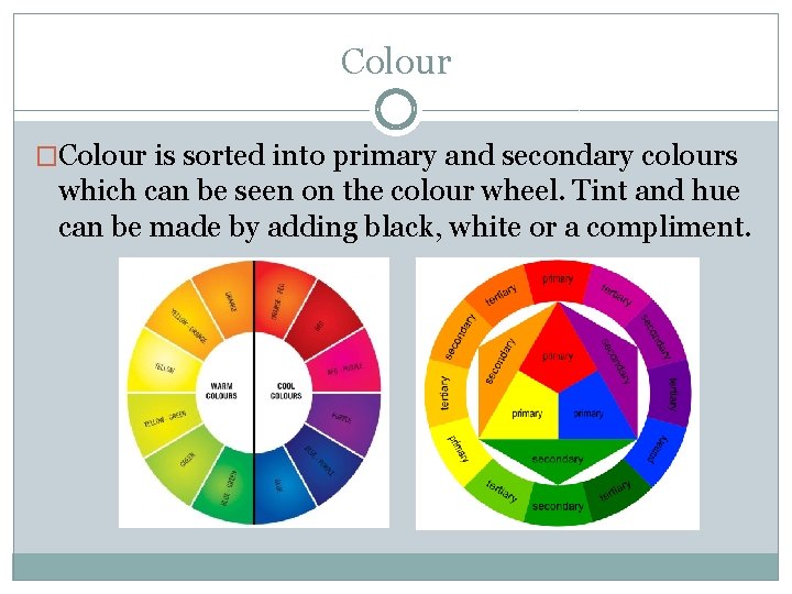 Colour �Colour is sorted into primary and secondary colours which can be seen on