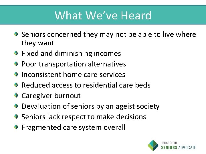 What We’ve Heard Seniors concerned they may not be able to live where they