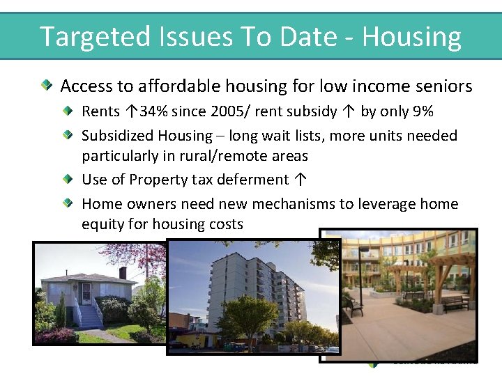 Targeted Issues To Date - Housing Access to affordable housing for low income seniors
