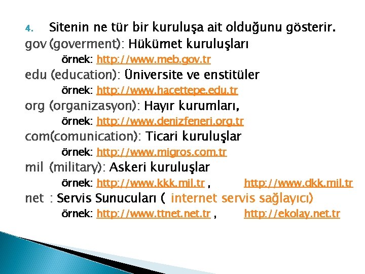 Sitenin ne tür bir kuruluşa ait olduğunu gösterir. gov (goverment): Hükümet kuruluşları 4. örnek: