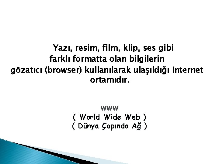 Yazı, resim, film, klip, ses gibi farklı formatta olan bilgilerin gözatıcı (browser) kullanılarak ulaşıldığı