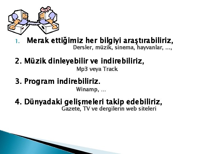 1. Merak ettiğimiz her bilgiyi araştırabiliriz, Dersler, müzik, sinema, hayvanlar, . . . ,