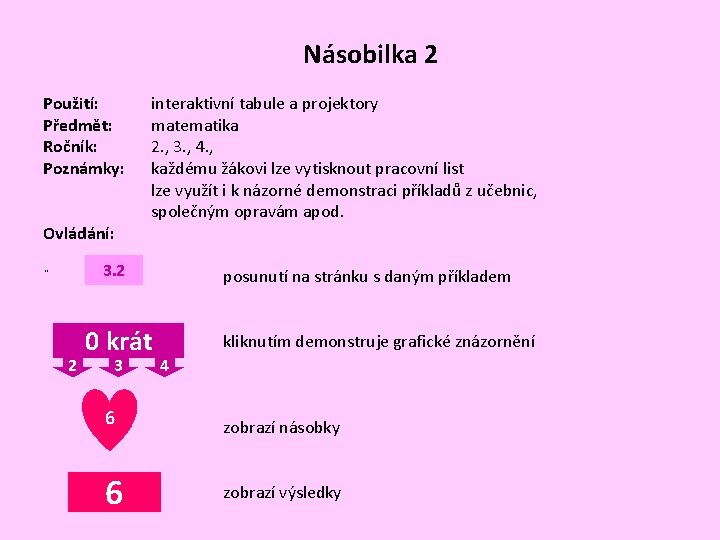 Násobilka 2 Použití: Předmět: Ročník: Poznámky: Ovládání: interaktivní tabule a projektory matematika 2. ,