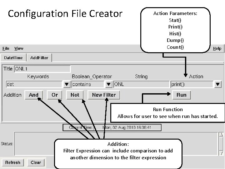 Configuration File Creator Action Parameters: Stat() Print() Hist() Dump() Count() Run Function Allows for