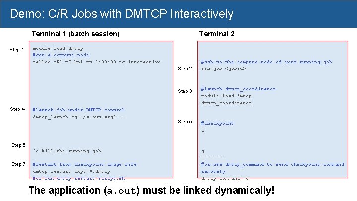 Demo: C/R Jobs with DMTCP Interactively Terminal 2 Terminal 1 (batch session) Step 1