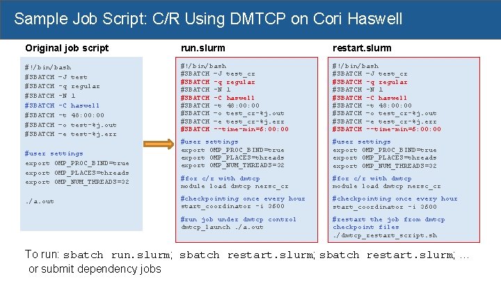 Sample Job Script: C/R Using DMTCP on Cori Haswell Original job script run. slurm
