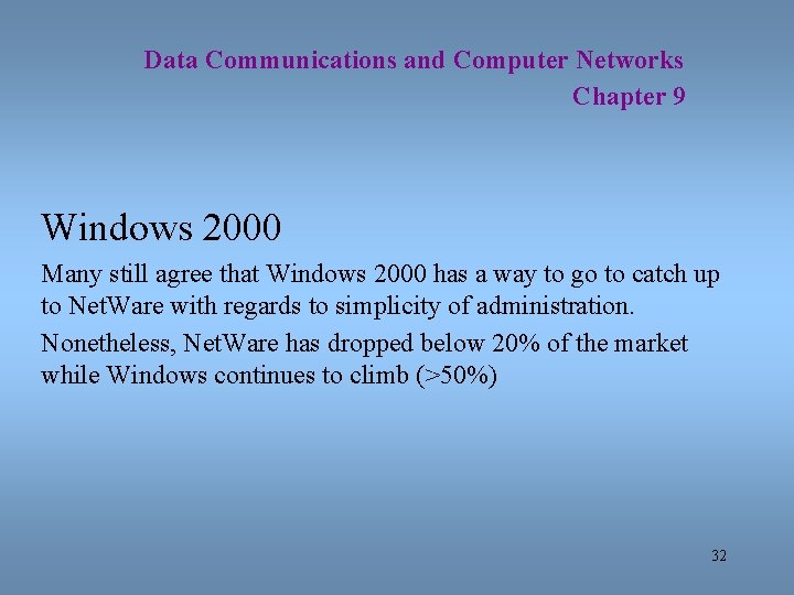 Data Communications and Computer Networks Chapter 9 Windows 2000 Many still agree that Windows