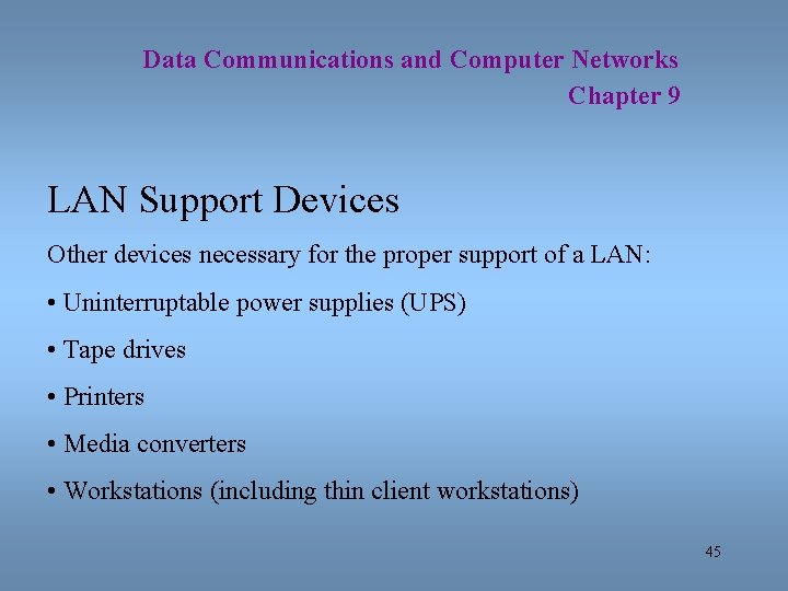 Data Communications and Computer Networks Chapter 9 LAN Support Devices Other devices necessary for