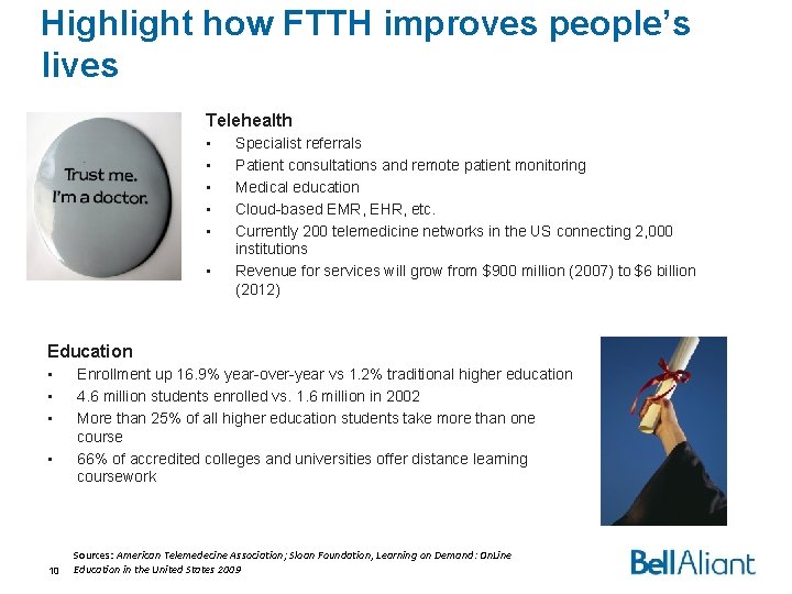 Highlight how FTTH improves people’s lives Telehealth • • • Specialist referrals Patient consultations