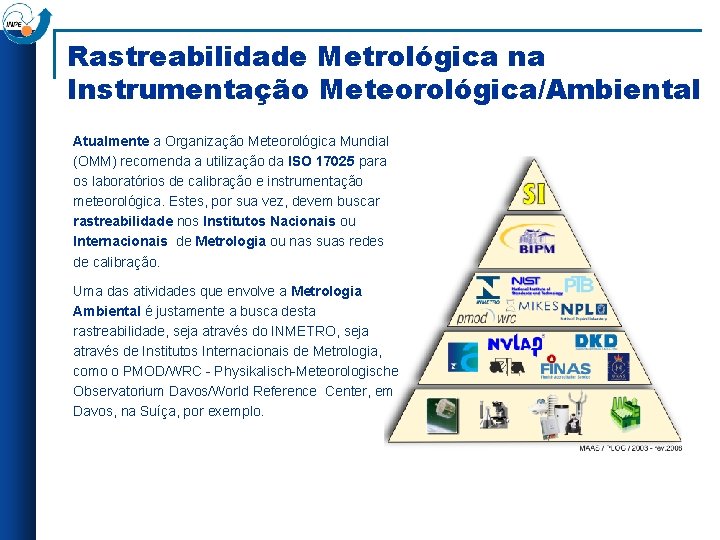 Rastreabilidade Metrológica na Instrumentação Meteorológica/Ambiental Atualmente a Organização Meteorológica Mundial (OMM) recomenda a utilização