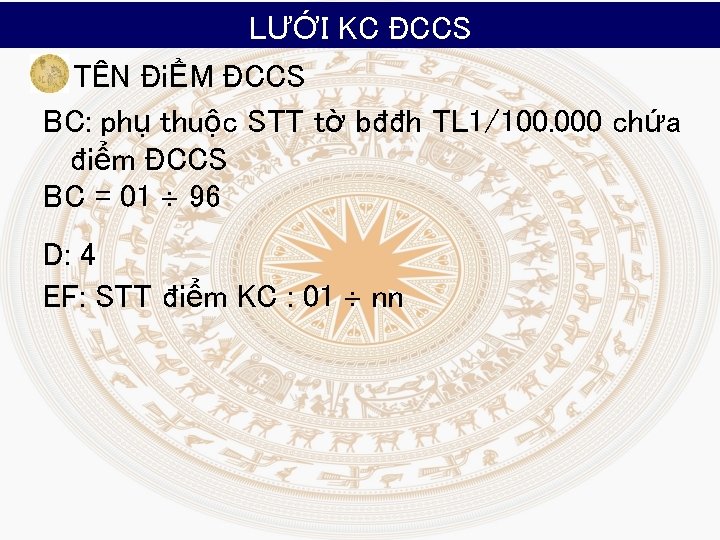 LƯỚI KC ĐCCS TÊN ĐiỂM ĐCCS BC: phụ thuộc STT tờ bđđh TL 1/100.