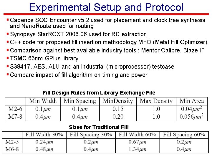 Experimental Setup and Protocol § Cadence SOC Encounter v 5. 2 used for placement