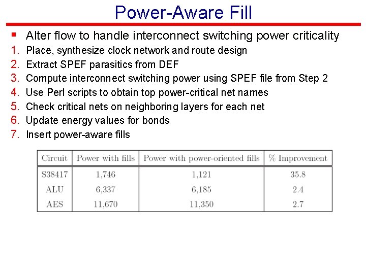 Power-Aware Fill § Alter flow to handle interconnect switching power criticality 1. 2. 3.