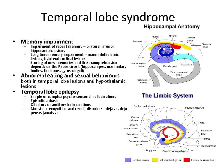 Temporal lobe syndrome • Memory impairment – Impairment of recent memory – bilateral inferior