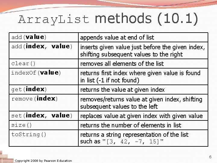 Array. List methods (10. 1) add(value) appends value at end of list add(index, value)