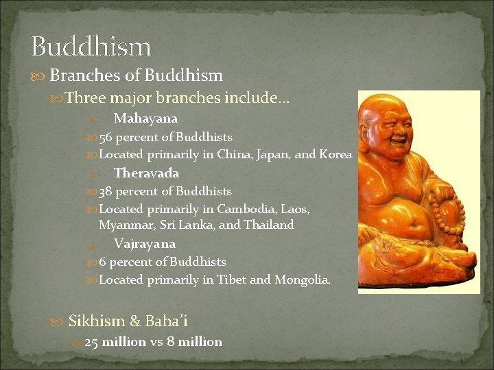 Buddhism Branches of Buddhism Three major branches include… 1. Mahayana 56 percent of Buddhists