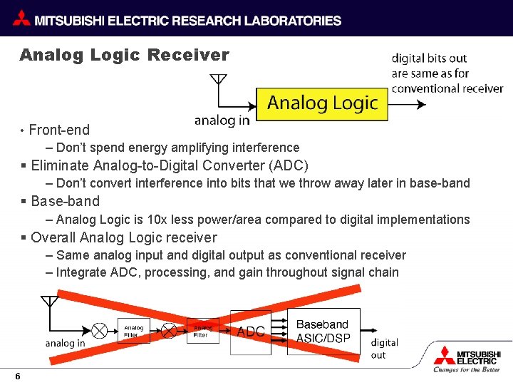 Analog Logic Receiver • Front-end – Don’t spend energy amplifying interference § Eliminate Analog-to-Digital