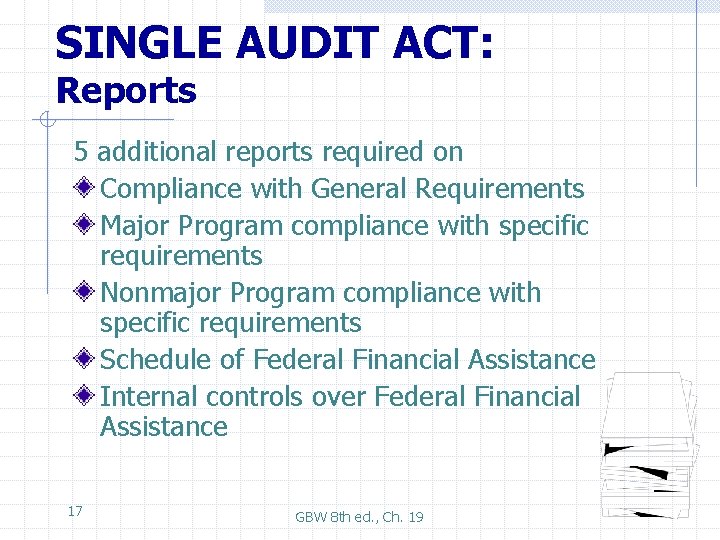 SINGLE AUDIT ACT: Reports 5 additional reports required on Compliance with General Requirements Major