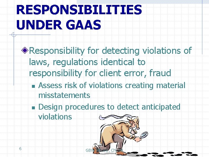 RESPONSIBILITIES UNDER GAAS Responsibility for detecting violations of laws, regulations identical to responsibility for