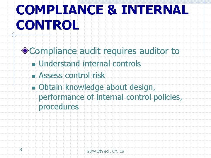 COMPLIANCE & INTERNAL CONTROL Compliance audit requires auditor to n n n 8 Understand