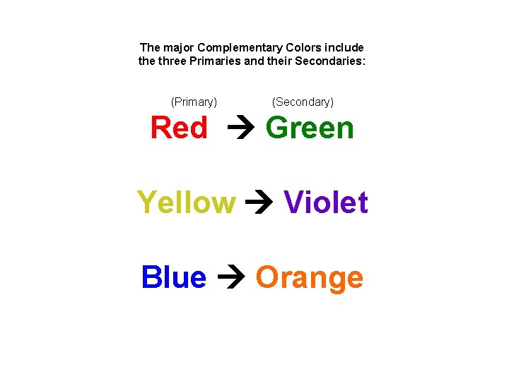 The major Complementary Colors include three Primaries and their Secondaries: (Primary) (Secondary) Red Green