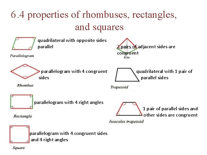 6. 4 properties of rhombuses, rectangles, and squares quadrilateral with opposite sides parallelogram with