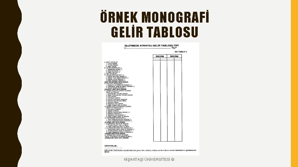 ÖRNEK MONOGRAFİ GELİR TABLOSU NİŞANTAŞI ÜNİVERSİTESİ © 