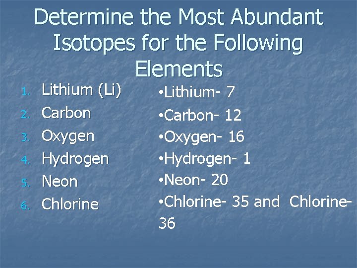 Determine the Most Abundant Isotopes for the Following Elements 1. 2. 3. 4. 5. Determine the Most Abundant Isotopes for the Following Elements 1. 2. 3. 4. 5.