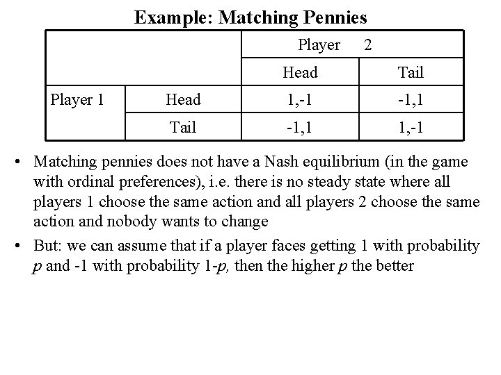 Example: Matching Pennies Player 1 2 Head Tail Head 1, -1 -1, 1 Tail