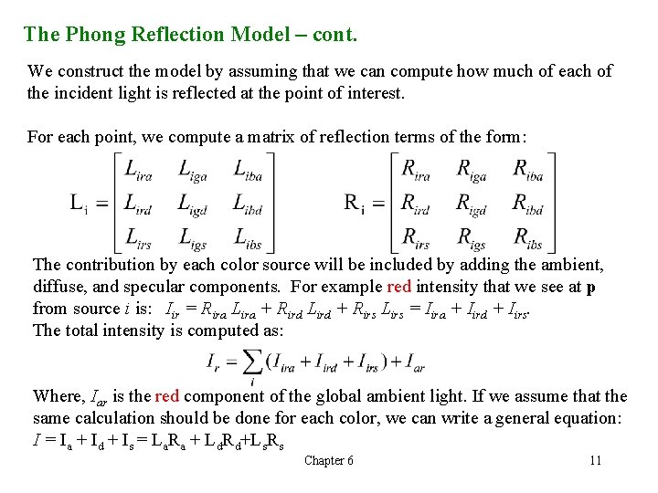 The Phong Reflection Model – cont. We construct the model by assuming that we The Phong Reflection Model – cont. We construct the model by assuming that we